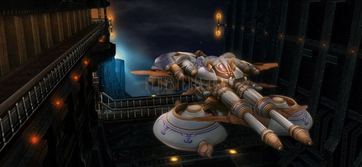 Le Strahl amarré dans un hangar de nuit, prêt pour le prochain départ des pirates du ciel.