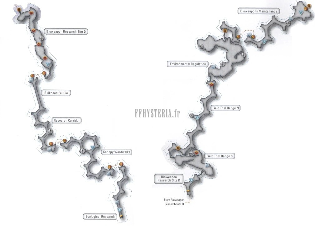 Plan de la Forêt de Gapra : les sites de recherche en bioarmes, les passerelles de canopée, les ascenseurs et le corridor qui mène au Bulkhead fal'Cie.
