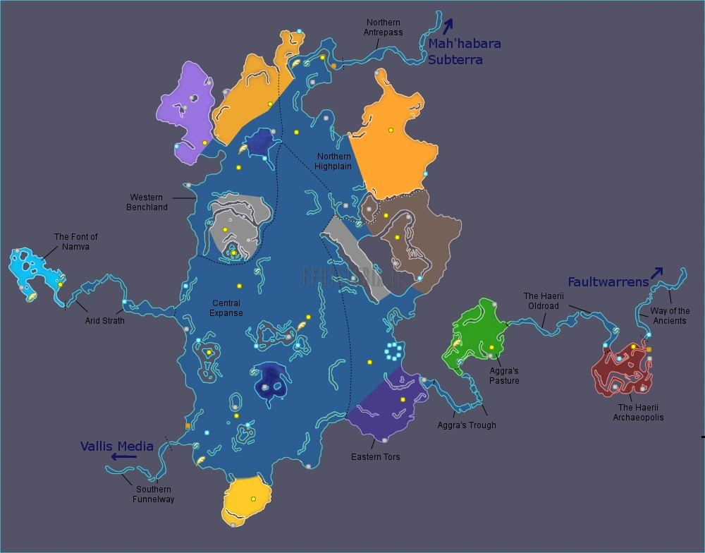 Plan de la Steppe d'Archylte et de ses secteurs nommés, avec les accès vers Mah'habara, la Faille des élus et Vallis Media.