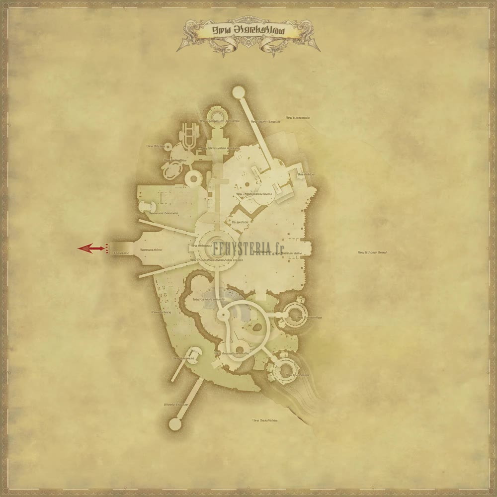Plan du Cristarium : la Tour de Cristal en son centre, les Marchés, l'Amaro Launch, la Chambre du Portail et les niveaux reliés par les ascenseurs.