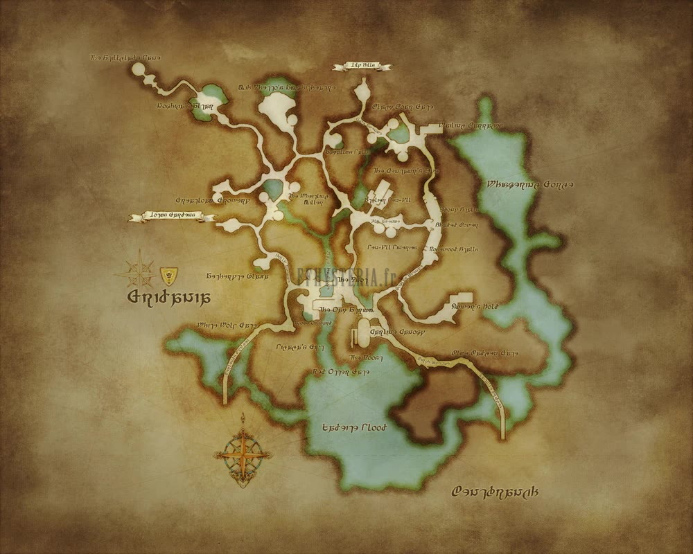Plan de Gridania et du Sombrelinceul qui l'entoure : les deux quartiers de la cité, les routes forestières, les campements et les sorties vers les autres zones du Linceul.
