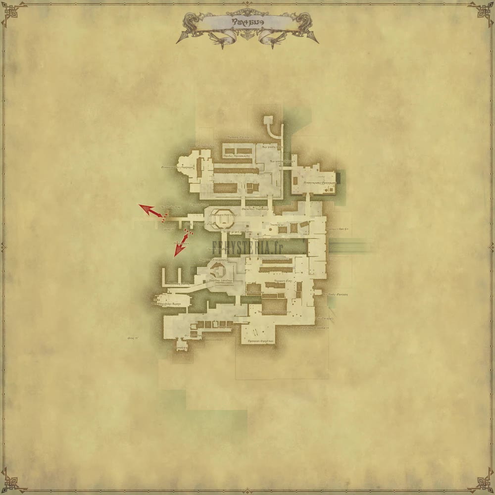 Plan de Kugane : le port et sa douane, le Kogane Dori, le Sekiseigumi, la place de l'aethéryte et le quartier des marchands d'Hingashi.