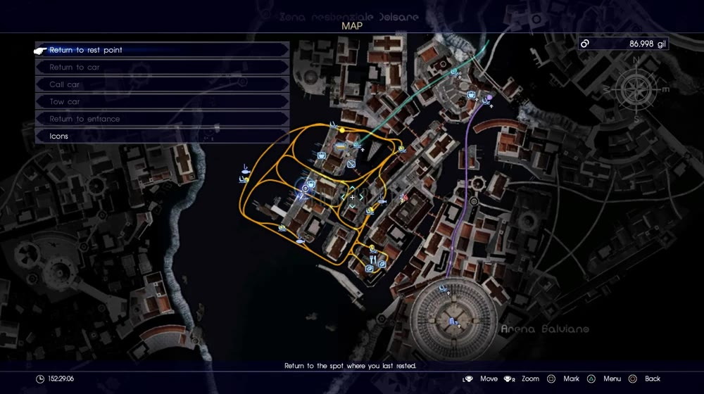Plan d'Altissia et de ses gondoles : les lignes qui relient les îlots du centre-ville, seul moyen de circuler pendant la nuit du rituel.