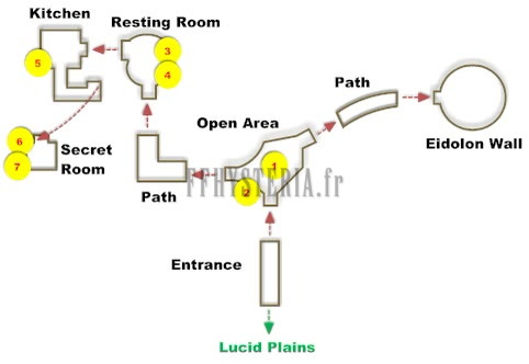 Plan de Madahine Salée : l'entrée depuis les plaines Lucid, la place, la cuisine, la salle de repos, la salle secrète et le sentier qui mène au Mur des Eidolons.